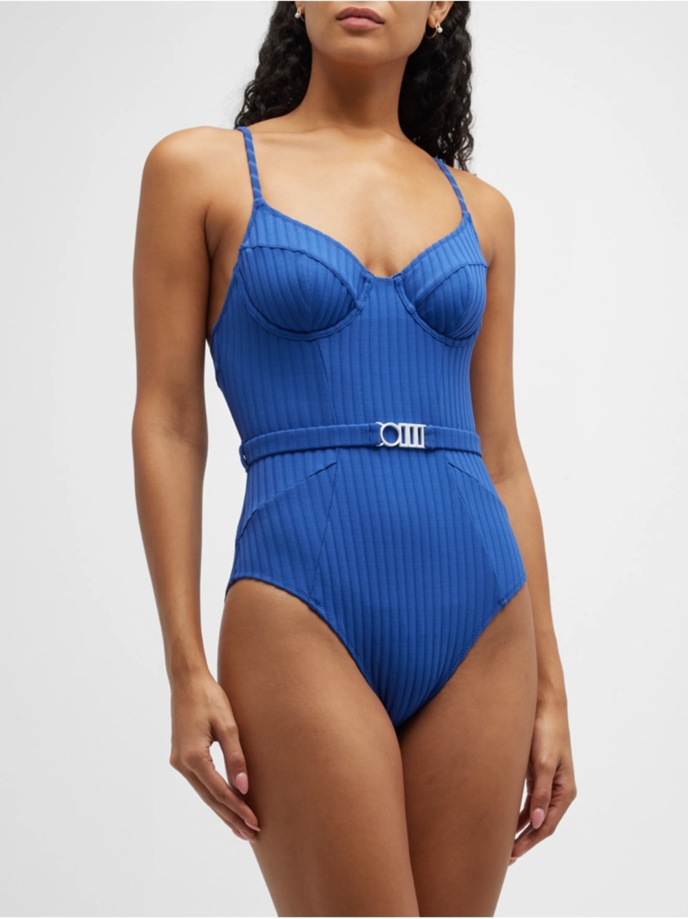 Solid & Stripped The Spencer Ribbed Blue One-Piece Swimsuit with Belt